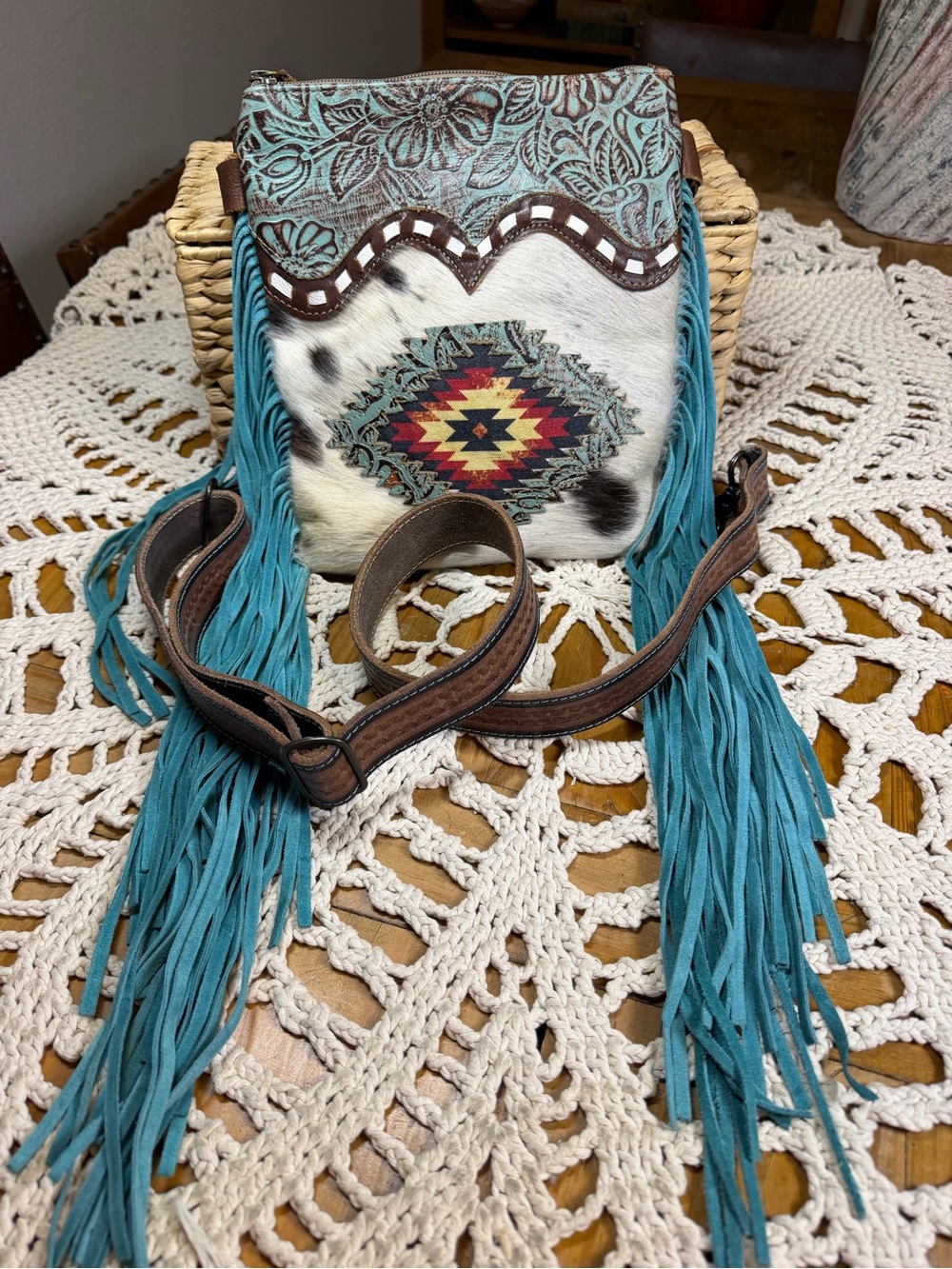 Myra Bag Cowhide Leather Crossbody Turquoise Fringe Aztec Western Boho Purse